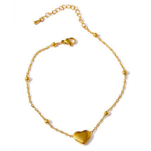 Golden Metallic Beaded Chain Heart Pendant Charm Anklet