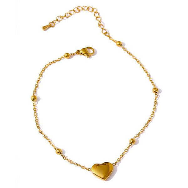 Golden Metallic Beaded Chain Heart Pendant Charm Anklet
