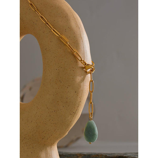 Golden Metallic Chain Link Agate Stone Drop Pendant Necklace