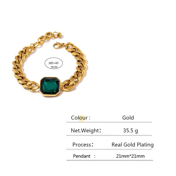 Golden Metallic Chunky Chain Green Crystal Bracelet