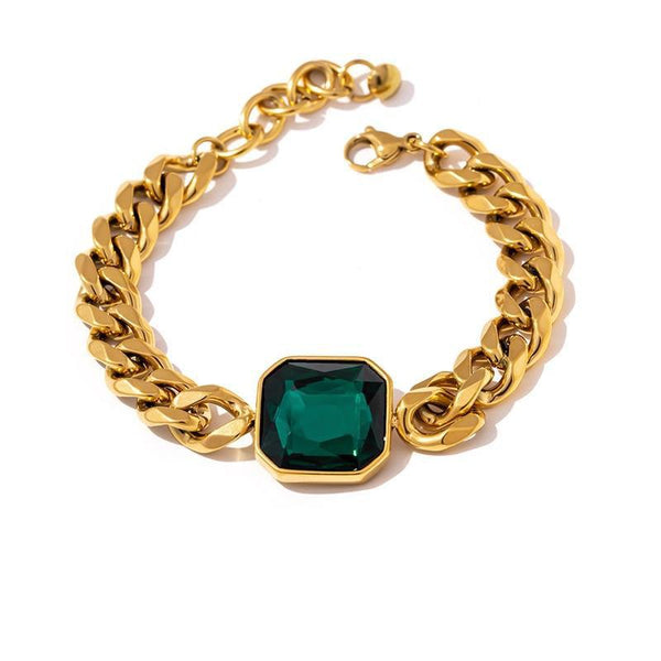 Golden Metallic Chunky Chain Green Crystal Bracelet