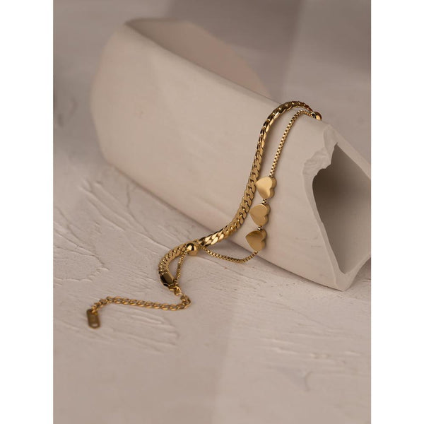 Golden Metallic Heart Charm Chain Link Layer Bracelet