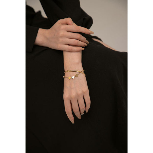 Golden Metallic Heart Charm Chain Link Layer Bracelet