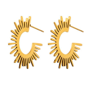 Golden Metallic Radiant Sun Hoop Stud Drop Earrings