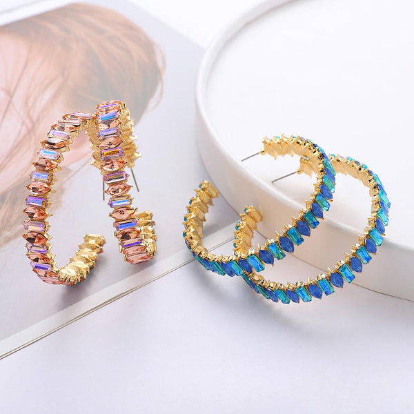 Golden Metallic Statement Hoop Crystal Rhinestone Earrings