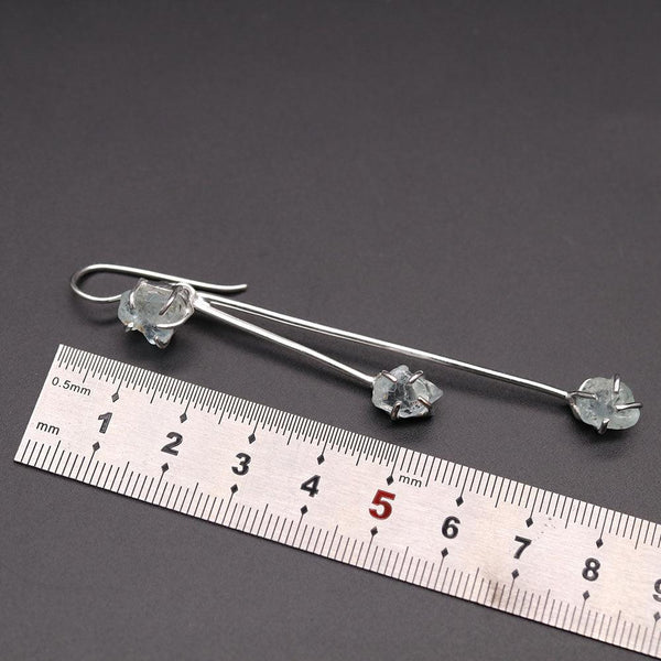 Handmade Sterling Silver Rough Cut Aquamarine Gemstone Double Drop Dangle Statement Earrings