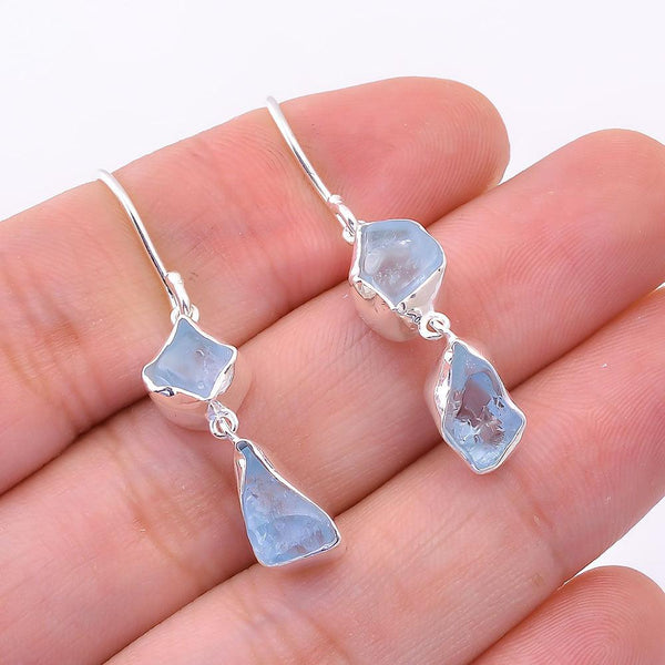 Handmade Sterling Silver Rough Cut Aquamarine Gemstone Drop Dangle Earrings