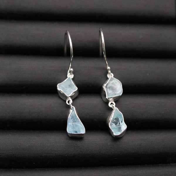Handmade Sterling Silver Rough Cut Aquamarine Gemstone Drop Dangle Earrings
