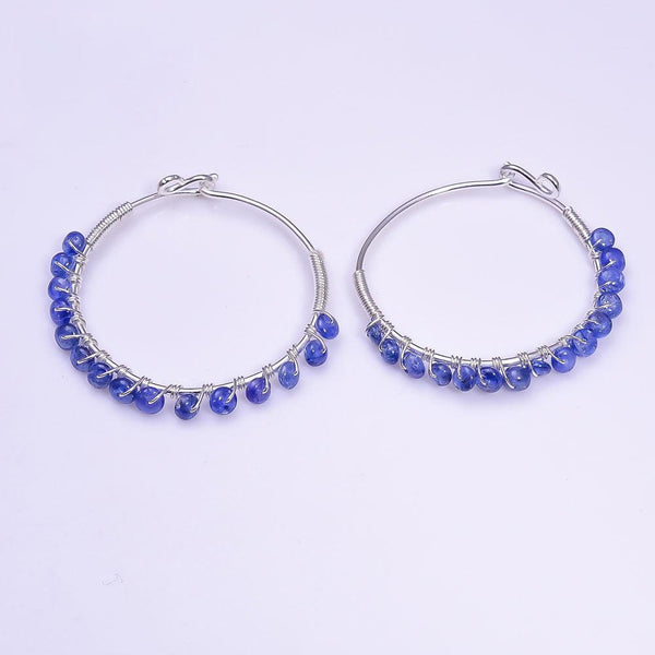 Handmade Sterling Silver Rough Cut Blue Sapphire Gemstone BOHO Hoop Dangle Earrings