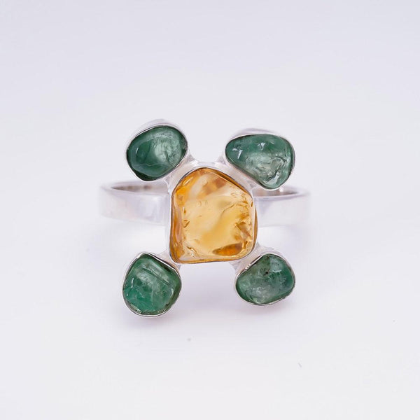 Handmade Sterling Silver Rough Cut Emerald Citrine Gemstone Vintage BOHO Statement Ring