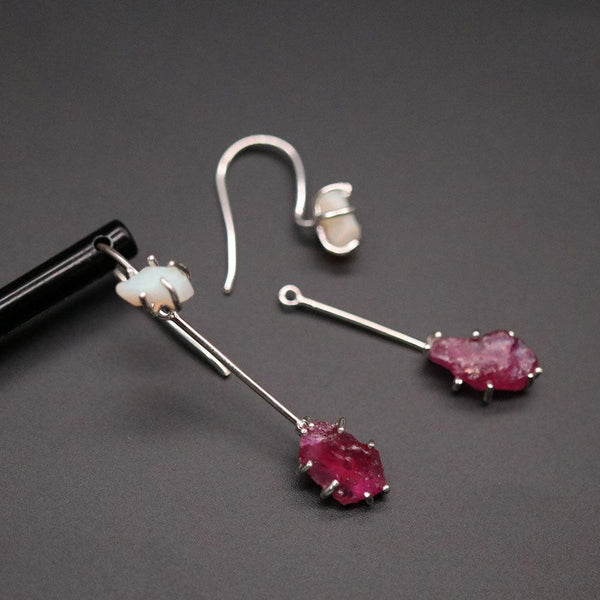 Handmade Sterling Silver Rough Cut Opal Ruby Gemstone Two Way Drop Dangle Earrings