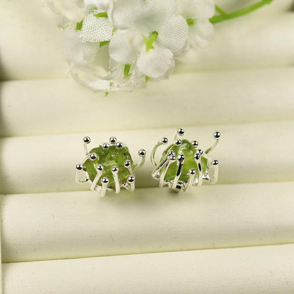Handmade Sterling Silver Rough Cut Peridot Gemstone Blooming Flower Stud Earrings
