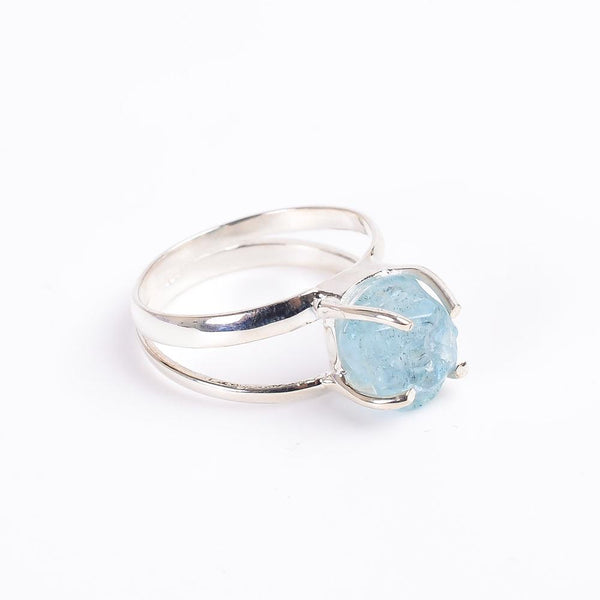 Handmade Sterling Silver Rough Cut Solitaire Aquamarine Gemstone Double Union BOHO Ring