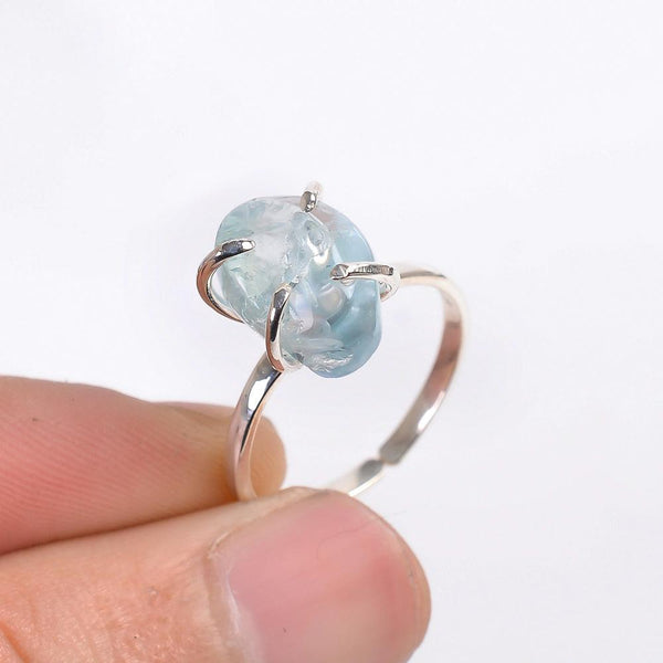 Handmade Sterling Silver Rough Cut Solitaire Center Stone Aquamarine Gemstone BOHO Ring