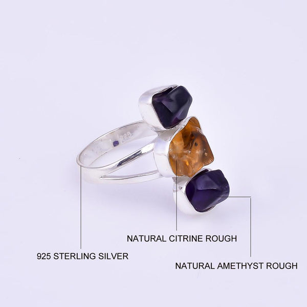 Handmade Sterling Silver Rough Cut Triple Stone Amethyst Citrine Gemstone BOHO Chunky Ring