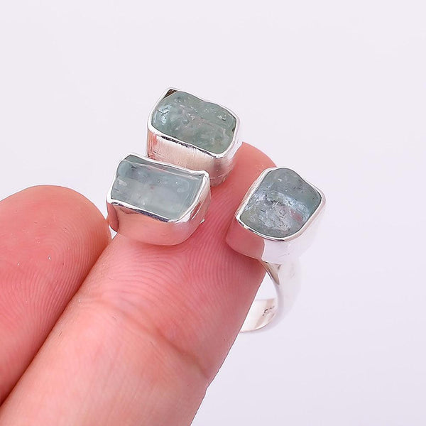 Handmade Sterling Silver Rough Cut Triple Stone Aquamarine Gemstone BOHO Chunky Ring