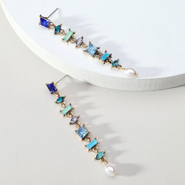 Longline Full Color Crystal Pearl Dangle Drop Statement Earrings