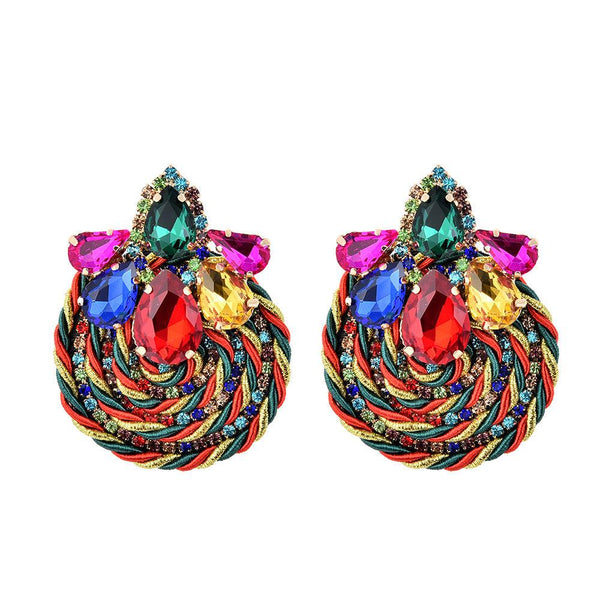 Luxe Woven Rope Full Color Crystal Maxi Stud Dangle Earrings