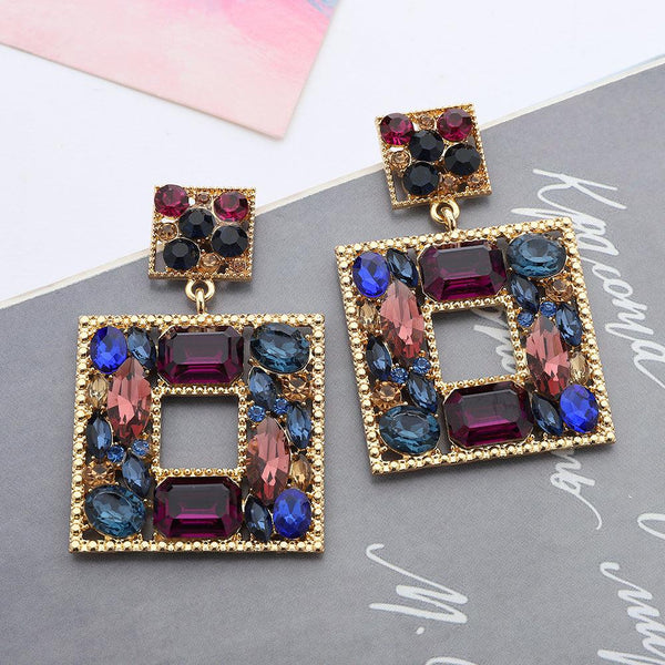 Luxury Big Square Drop Full Color Crystal Geometric Dangle Earrings