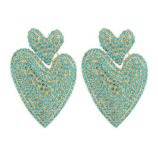 Luxury Design Rhinestone Double Heart Drop Dangle Fashion Statement Earrings