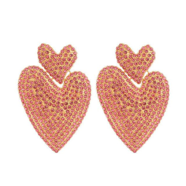 Luxury Design Rhinestone Double Heart Drop Dangle Fashion Statement Earrings