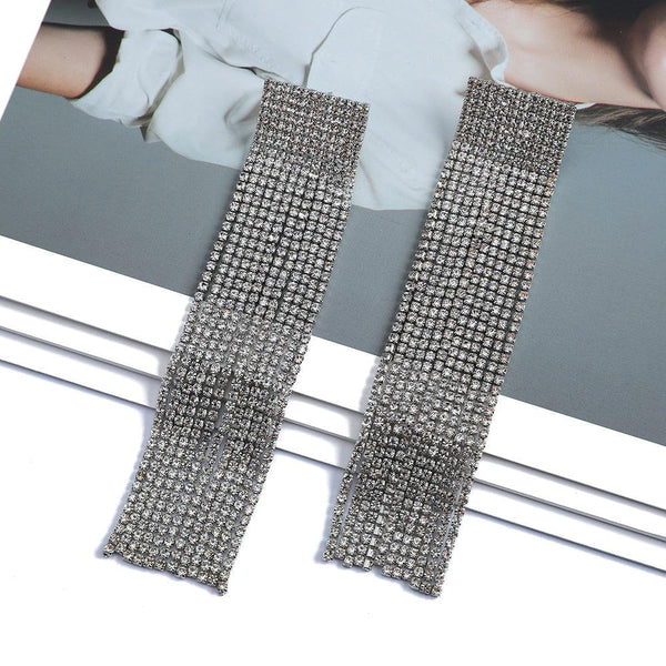 Luxury Full Shiny Crystal Rhinestone Formal Statement Tassel Earrings