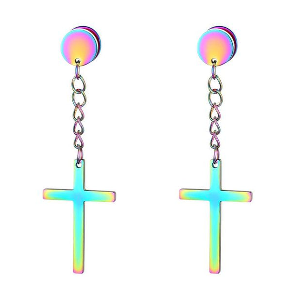 Metallic Chain Tassel Cross Drop Dangle Earrings