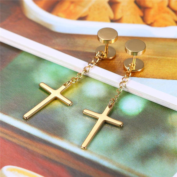 Metallic Chain Tassel Cross Drop Dangle Earrings