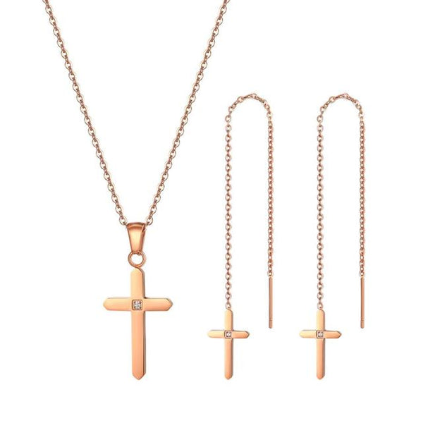 Metallic Cross Pendant Necklace & Threader Earring Set