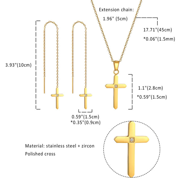 Metallic Cross Pendant Necklace & Threader Earring Set