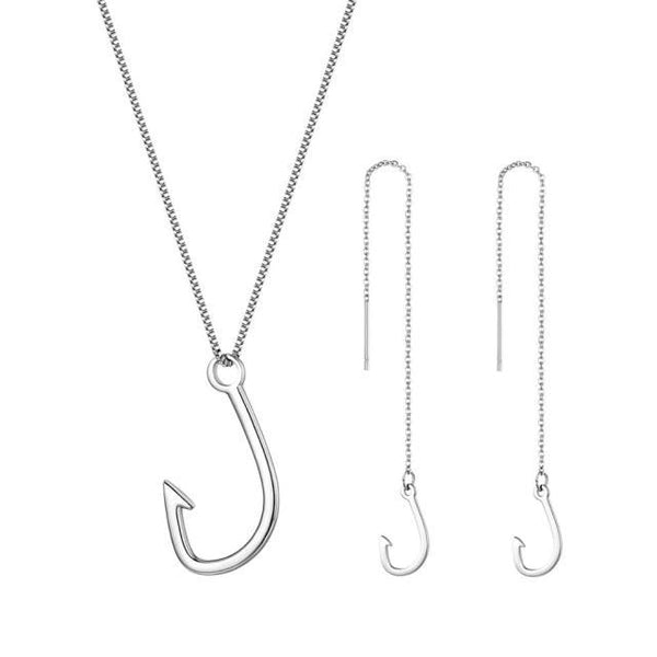 Metallic Hook Pendant Necklace & Threader Earring Set