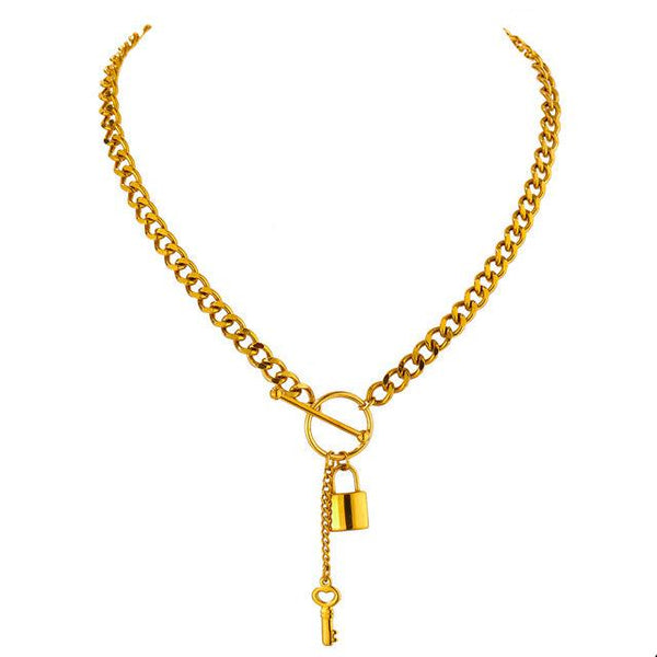 Metallic Minimalist Key Lock Chain Link Pendant Necklace