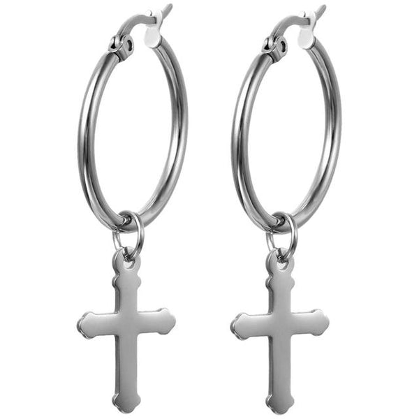 Metallic Stainless Steel Hoop Cross Dangle Earrings