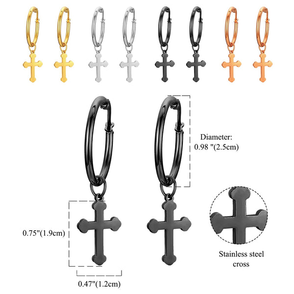 Metallic Stainless Steel Hoop Cross Dangle Earrings