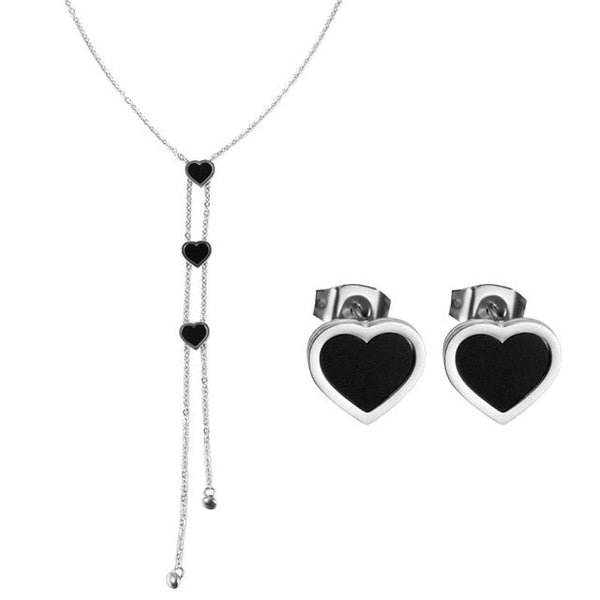Metallic Triple Heart Pendant Necklace & Heart Stud Earring Set