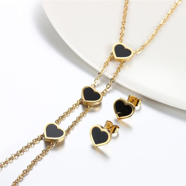 Metallic Triple Heart Pendant Necklace & Heart Stud Earring Set