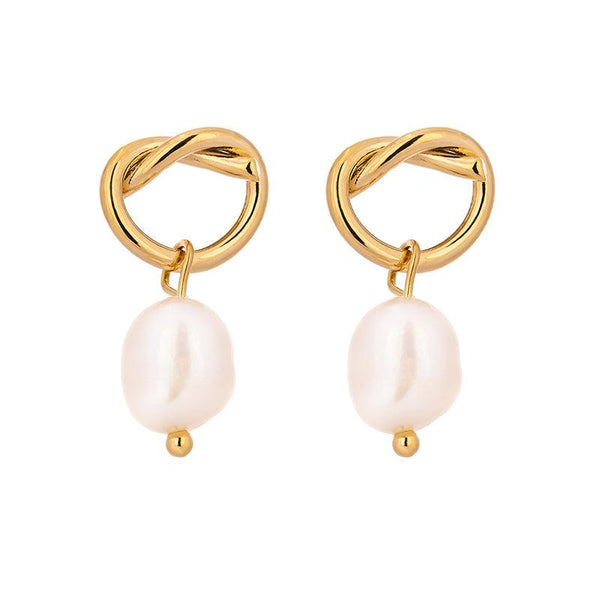 Minimalist Design Golden Metal Twist Pearl Drop Earrings