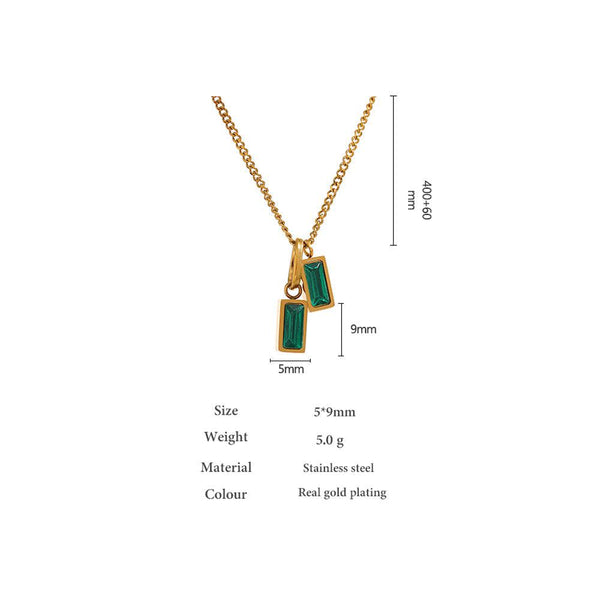 Minimalist Golden Metallic Double Drop Emerald Green CZ Pendant Necklace