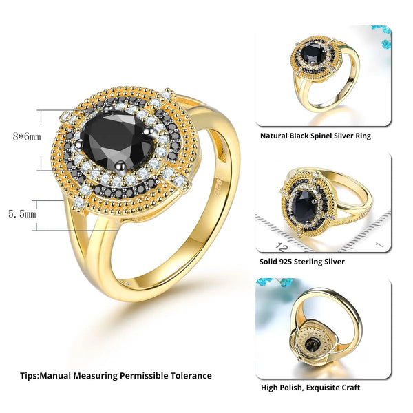 Natural Black Spinel Sterling Silver Ring Yellow Gold Plated 1.6 Carats Classic Jewelry Original Design-Lucid Fantasy