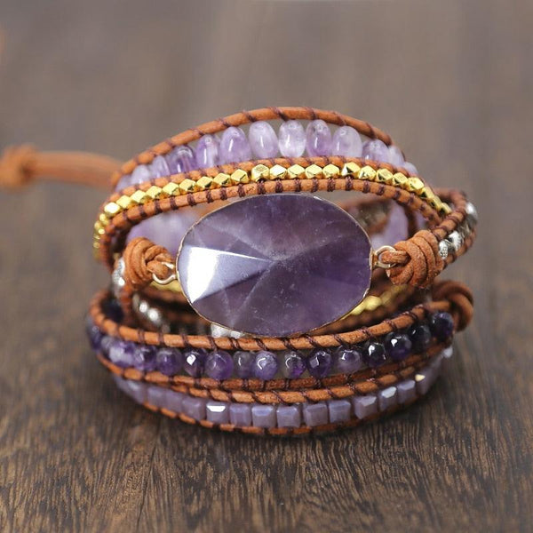 Purple Bohemian Leather Wrap Bead Bracelet