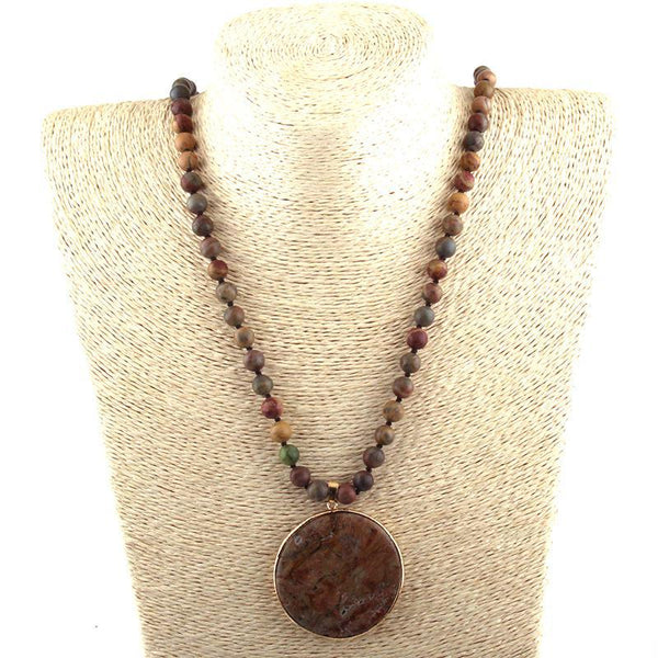 Rustic Bohemian Round Stone Pendant Necklace
