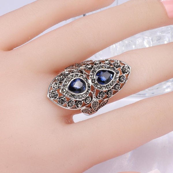 Silver Vintage Design Blue Crystal Statement Ring