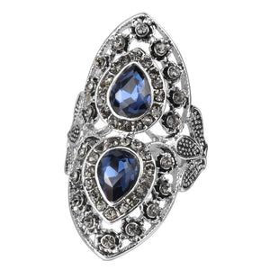 Silver Vintage Design Blue Crystal Statement Ring