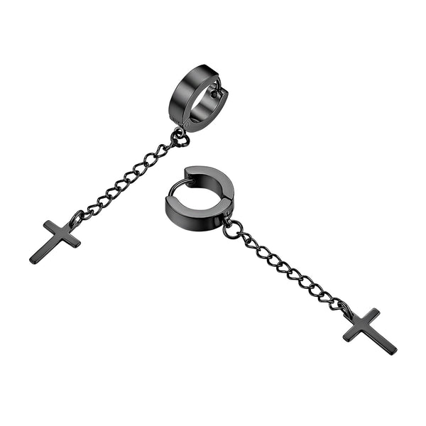 Stainless Steel Longline Cross Drop Hoop Earrings