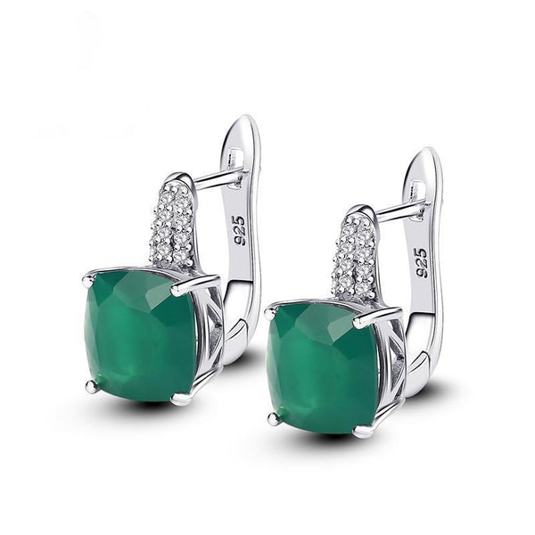 Sterling Silver Cushion Cut Green Agate Earrings
