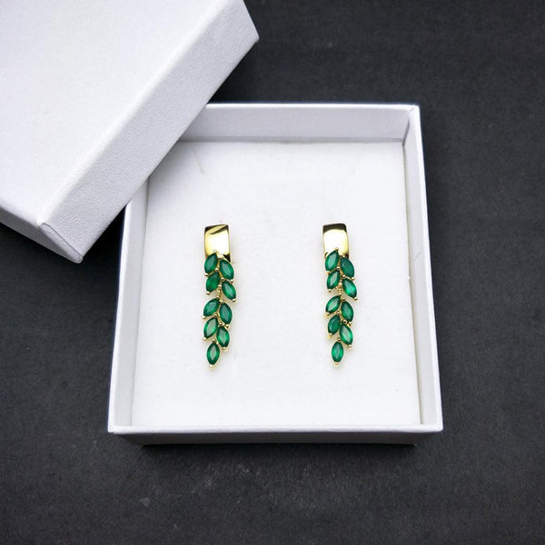 Sterling Silver Gold Natural Stone Green Agate Leaflet Earring Ring Jewelry Set