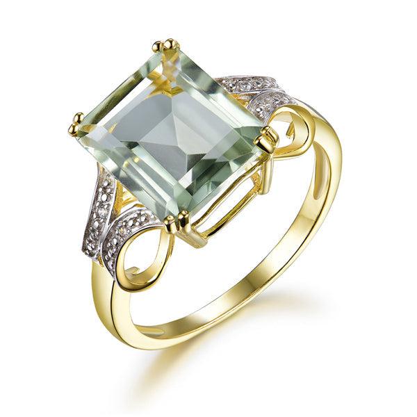 Sterling Silver Gold Natural Stone Green Amethyst Emerald Cut Formal Ring