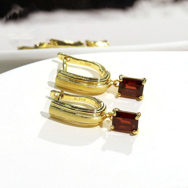 Sterling Silver Gold Natural Stone Red Garnet Textured Metal Dangle Earrings