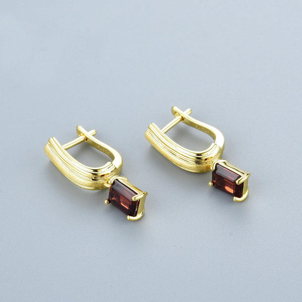 Sterling Silver Gold Natural Stone Red Garnet Textured Metal Dangle Earrings
