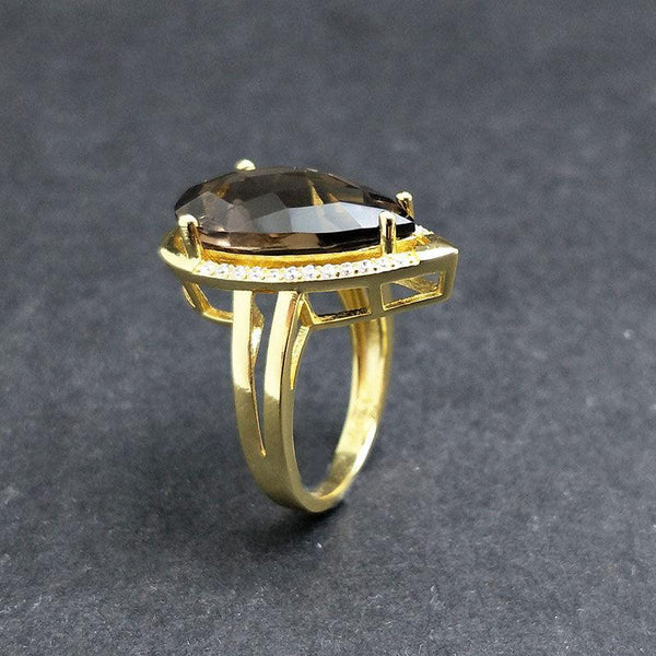 Sterling Silver Gold Natural Stone Smoky Quartz Pear Cut Statement Ring